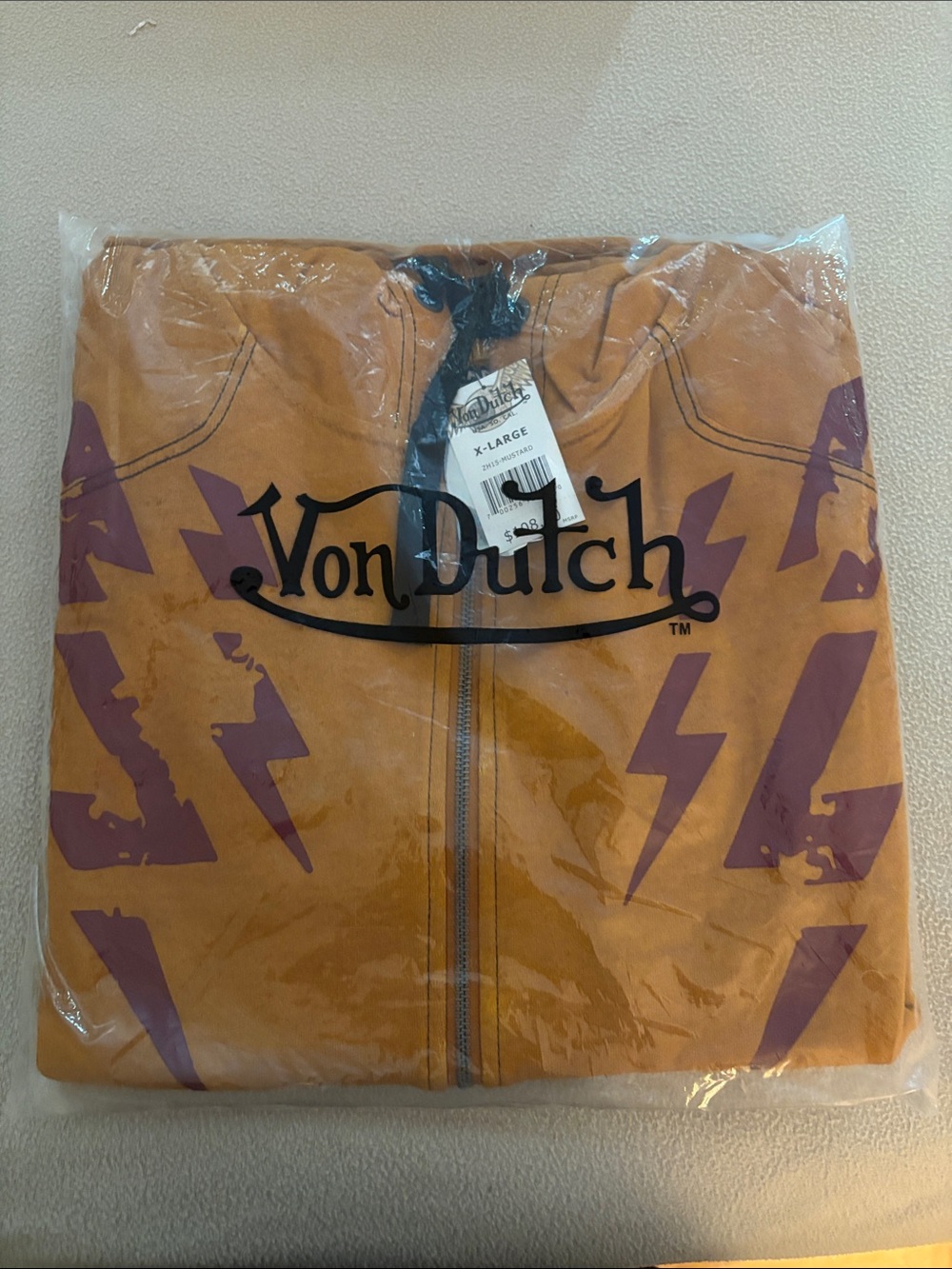 Von Dutch mustard Hoodie sweatshirt with Lightning Motif. Size X-large